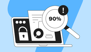 Laptop displaying a lock icon, document, and magnifying glass showing "90%" with exclamation mark, set against a blue background.