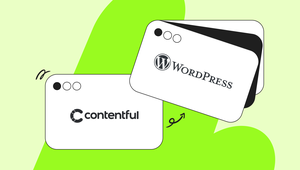 Illustration of two browser windows with logos: one for Contentful, the other for WordPress, on a light green background with abstract shapes.