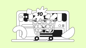 Shopping cart with a "10" starburst icon on a laptop screen, surrounded by abstract shapes, on a light green background.