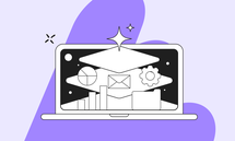 Illustration of a laptop displaying icons: pie chart, bar graph, envelope, gear, and folder, on a purple abstract background.