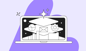 Illustration of a laptop displaying icons: pie chart, bar graph, envelope, gear, and folder, on a purple abstract background.