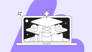 Illustration of a laptop displaying icons: pie chart, bar graph, envelope, gear, and folder, on a purple abstract background.