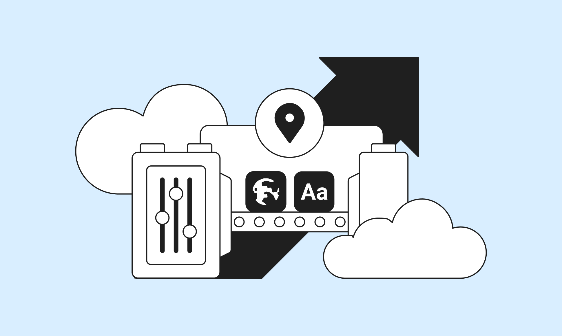 Illustration of a cloud computing concept, featuring icons like a location pin, controls, globe, text, and an upward arrow against a blue background.