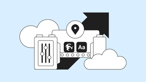 Illustration of a cloud computing concept, featuring icons like a location pin, controls, globe, text, and an upward arrow against a blue background.