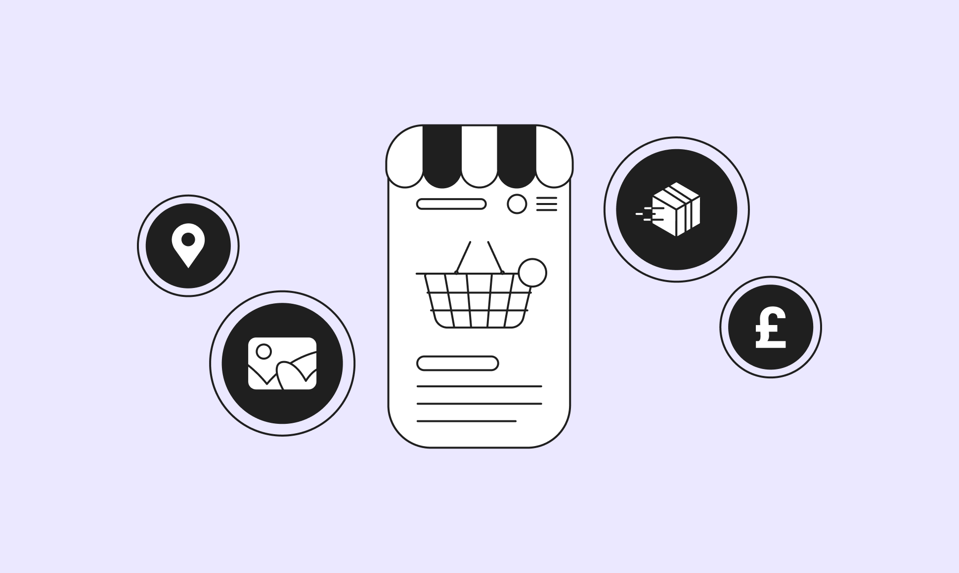 Illustration of a smartphone screen with a shopping cart icon. Surrounding icons include location, image, delivery, and currency symbols.