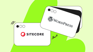 Logos of Sitecore and WordPress on stylized cards against a bright green background, representing web content management systems.