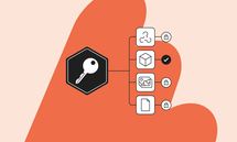 Diagram showing a key connected to four icons: flow, cube, image, and document, with locks indicating security and access control.