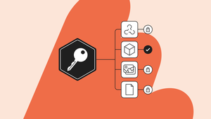 Diagram showing a key connected to four icons: flow, cube, image, and document, with locks indicating security and access control.