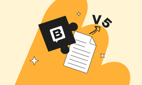 Close-up illustration of the Storyblok puzzle piece icon (black square with a white "B" logo) overlapping a document graphic, set against layered orange blob shapes on a cream background. A "V5" label with an arrow points to the document, with decorative sparkle/star accents scattered throughout. This is the hero illustration for the @storyblok/richtext v4 to v5 migration article.
