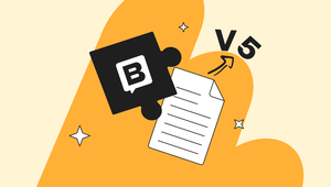 Close-up illustration of the Storyblok puzzle piece icon (black square with a white "B" logo) overlapping a document graphic, set against layered orange blob shapes on a cream background. A "V5" label with an arrow points to the document, with decorative sparkle/star accents scattered throughout. This is the hero illustration for the @storyblok/richtext v4 to v5 migration article.
