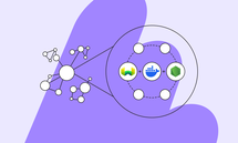 Diagram showing interconnected circles with three central icons inside a larger circle: jagged chart, container ship, and hexagon, on a purple background.