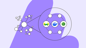Diagram showing interconnected circles with three central icons inside a larger circle: jagged chart, container ship, and hexagon, on a purple background.