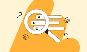 Magnifying glass over horizontal bars labeled A, B, C, with question marks and spirals on an orange and beige background.