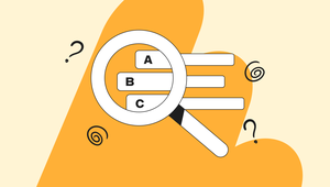 Magnifying glass over horizontal bars labeled A, B, C, with question marks and spirals on an orange and beige background.