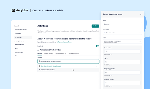 Screenshot of Storyblok's AI settings page, showing options for custom AI setup, including model selection and parameter adjustments.