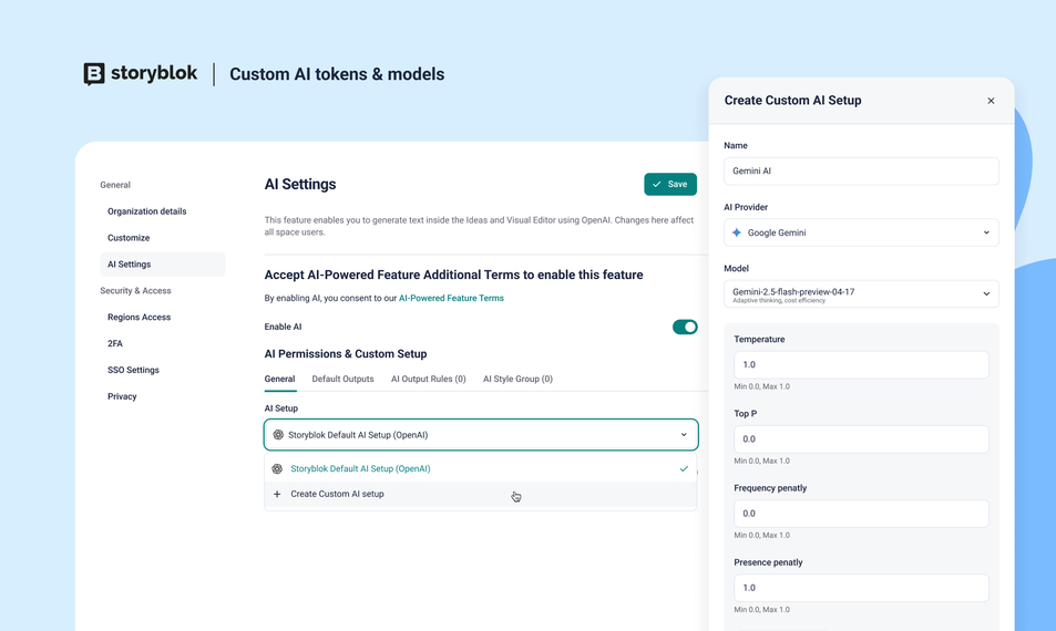 Screenshot of Storyblok's AI settings page, showing options for custom AI setup, including model selection and parameter adjustments.