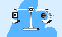 Illustration of a scale comparing Adobe Experience Manager and a platform with a "B" logo against a blue abstract background.