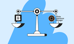 Illustration of a scale comparing Adobe Experience Manager and a platform with a "B" logo against a blue abstract background.