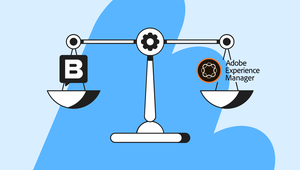 Illustration of a scale comparing Adobe Experience Manager and a platform with a "B" logo against a blue abstract background.