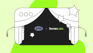Illustration of a theater curtain opening to reveal "PHP x SensioLabs" on a stage, set against a light green background.