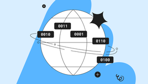A globe with binary numbers orbits on a blue background, surrounded by abstract shapes and symbols, representing digital communication.