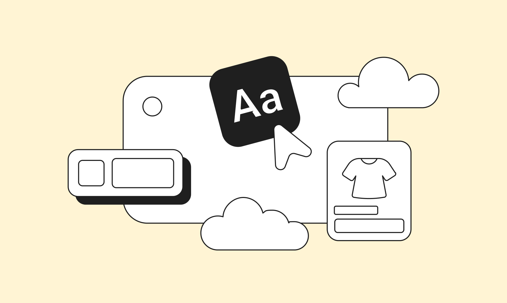 Digital design concept with icons of a shirt, text box, cloud shapes, and a mouse cursor pointing at "Aa" on a pale yellow background.
