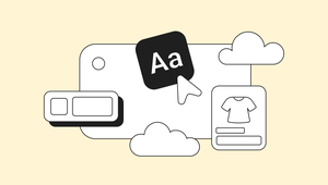 Digital design concept with icons of a shirt, text box, cloud shapes, and a mouse cursor pointing at "Aa" on a pale yellow background.