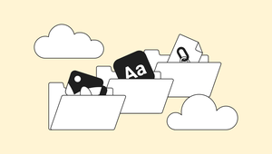 Three open folders containing icons of an image, text, and a paperclip, surrounded by clouds on a light yellow background.