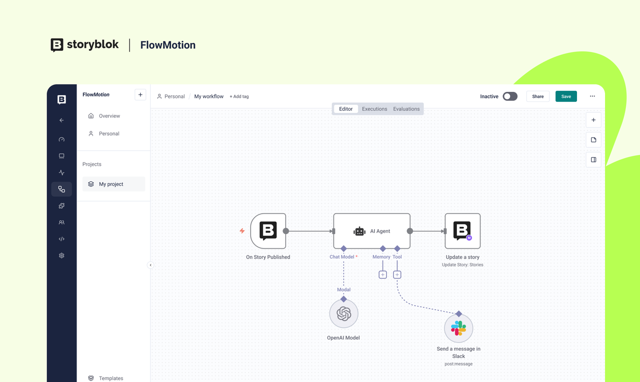 FlowMotion interface showing a workflow diagram with AI Agent integration, Storyblok logos, and OpenAI model connected to Slack messaging.