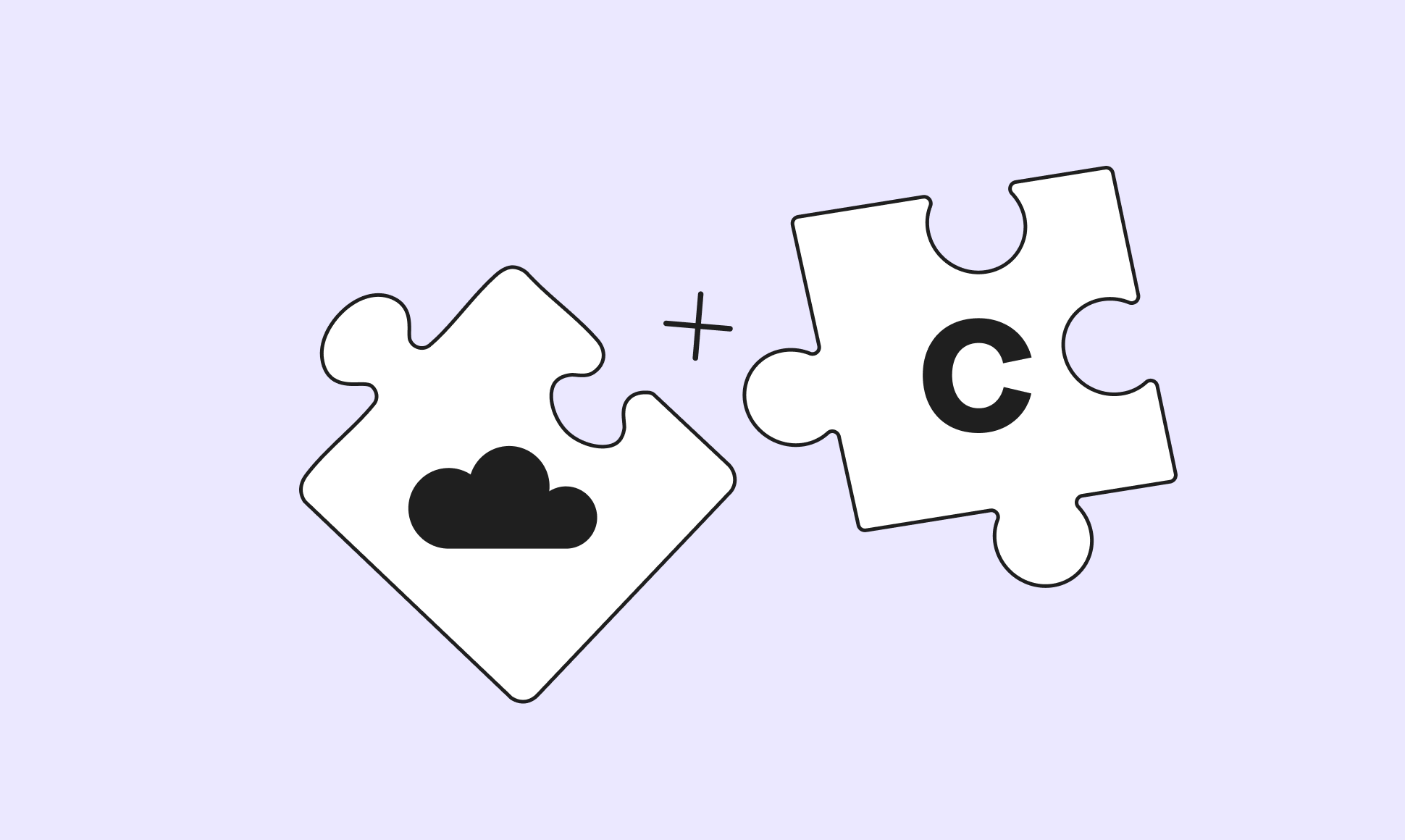 Two puzzle pieces joined by a plus sign, one with a cloud and the other with the letter C