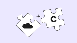 Two puzzle pieces joined by a plus sign, one with a cloud and the other with the letter C