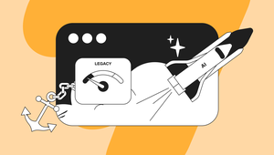 Illustration of a rocket labeled "AI" launching from a browser window, leaving behind a gauge marked "Legacy" and a chained anchor.