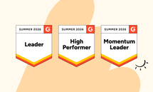 Three G2 badges for Summer 2026: "Leader," "High Performer," and "Momentum Leader," presented on a beige and orange background.