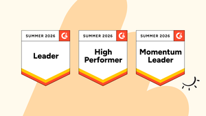 Three G2 badges for Summer 2026: "Leader," "High Performer," and "Momentum Leader," presented on a beige and orange background.