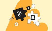 Two interlocking puzzle pieces—black with a Figma logo and white with a 'B' icon—floating over abstract orange shapes with small decorative icons.