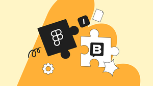 Two interlocking puzzle pieces—black with a Figma logo and white with a 'B' icon—floating over abstract orange shapes with small decorative icons.