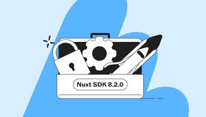 Illustration of a toolbox labeled "Nuxt SDK 8.2.0" containing a lock, gear, and pen against a blue background.