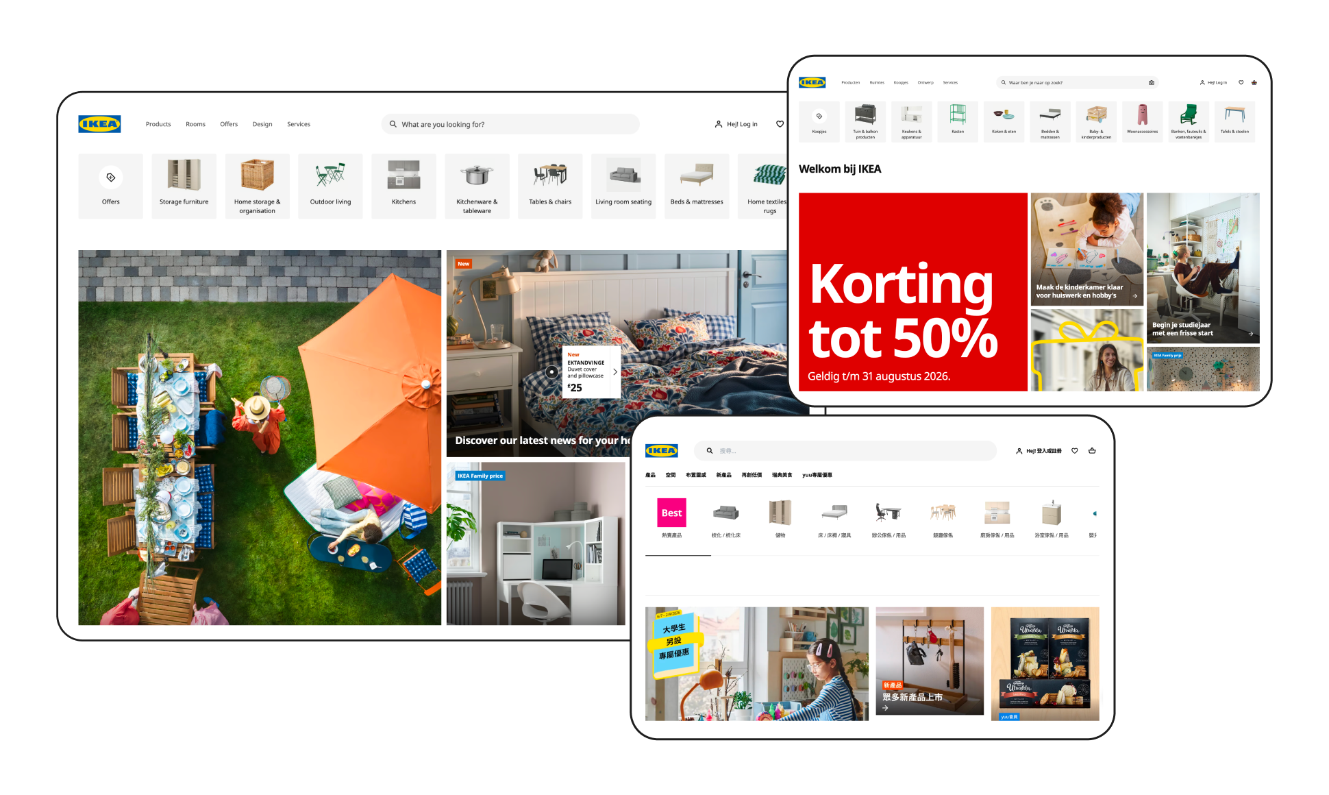 Composite image of IKEA's website on different devices, showing furniture categories, offers, and a 50% discount ad in Dutch.