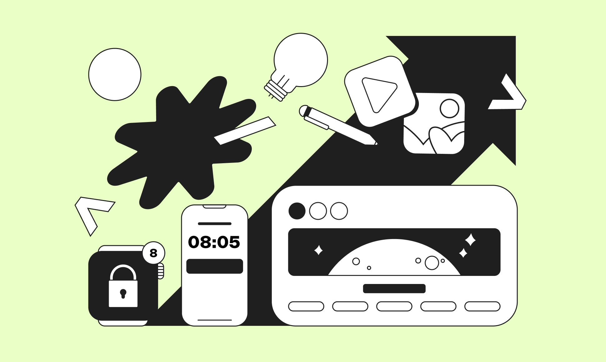 Abstract illustration with a smartphone, lock, lightbulb, and media icons scattered on a light green background.