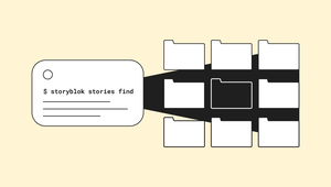Illustration of a terminal window showing the command “$ storyblok find” with three lines of output beneath it. A dark beam extends from the terminal across a three-by-three grid of folder icons, with the center folder highlighted in the beam.