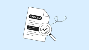 A SKILL.md document with a magnifying glass over it showing a checkmark.