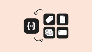 Black icons on a peach background; one with code brackets and "1.0" points to four icons: a tag, a document, an image, and another tag. Arrows indicate flow.