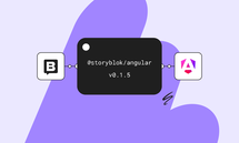 Diagram showing integration of Storyblok with Angular v0.1.5, featuring logos connected by lines on a purple abstract background.
