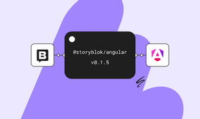 Diagram showing integration of Storyblok with Angular v0.1.5, featuring logos connected by lines on a purple abstract background.