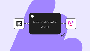 Diagram showing integration of Storyblok with Angular v0.1.5, featuring logos connected by lines on a purple abstract background.