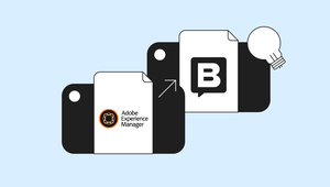 Two documents with icons: one labeled "Adobe Experience Manager" and the other featuring a "B" in a speech bubble. An arrow and a lightbulb are shown.