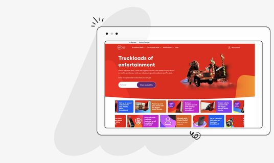 Illustration of a tablet displaying a website with a red banner, promoting entertainment options and broadband deals with colorful icons.
