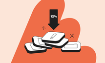 Illustration of a black arrow with "12%" pointing down at white keycaps with symbols, on an orange background with sparkles.
