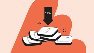 Illustration of a black arrow with "12%" pointing down at white keycaps with symbols, on an orange background with sparkles.