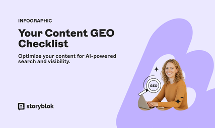 Infographic titled "Your Content GEO Checklist" with a woman using a laptop. Text reads "Optimize your content for AI-powered search and visibility."